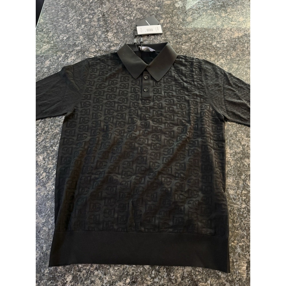 New w/tag Dolce & Gabbana DG Logo Silk Jacquard Black Shirt Polo $1695 Med. 50